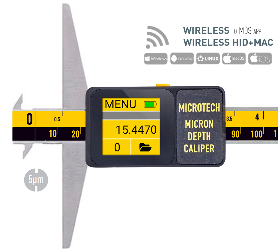 150mm Digital Tiefenmessschieber, 0,005mm Auflösung, IP 54, Wireless+USB, Color Touchscreen — Microtech Metrology