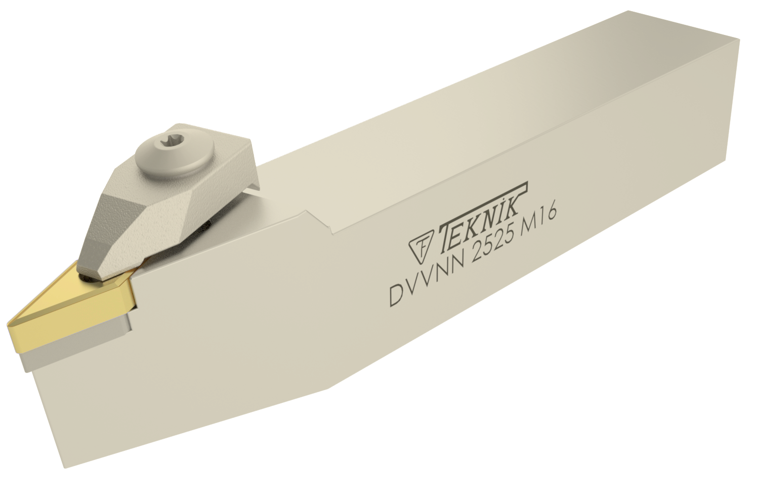 Klemmhalter DVVN auf weißem Hintergrund. Mit einer Wendeplatte des Typs VN--. Auf der Seite des Werkzeugs befinden sich das Logo des Herstellers und der Artikelcode.