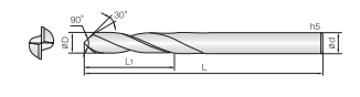 Technische Zeichnung einer Bohrspitze. Seiten- und Vorderansicht. Schwarze Linien auf weißem Hintergrund. Mit Größenangaben.