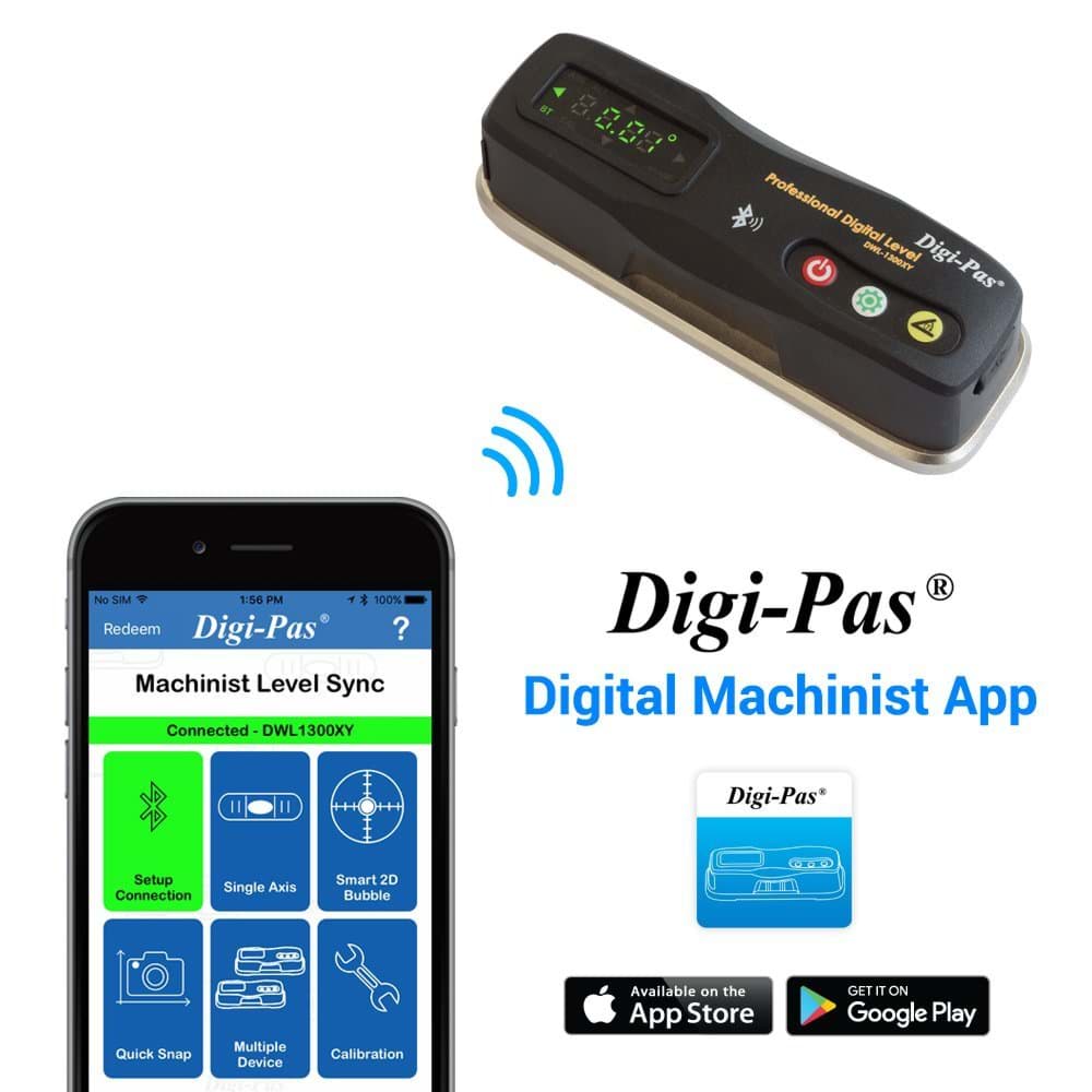 Eine Präzisionswasserwaage und ein Handy auf weißem Hintergrund. Das Handy zeigt die Homepage der Software. Daneben steht das Logo von Digi-Pas, das Foto der App und die Symbole für den Apple Store und Google Play.