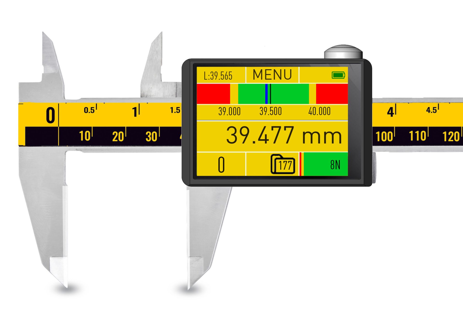 150mm DataMet eForce Messschieber, 0,0002mm Auflösung, E‑Force 1–20N, Keramikbacken, ISO17025 Kalibrierschein inklusive - Microtech Metrology