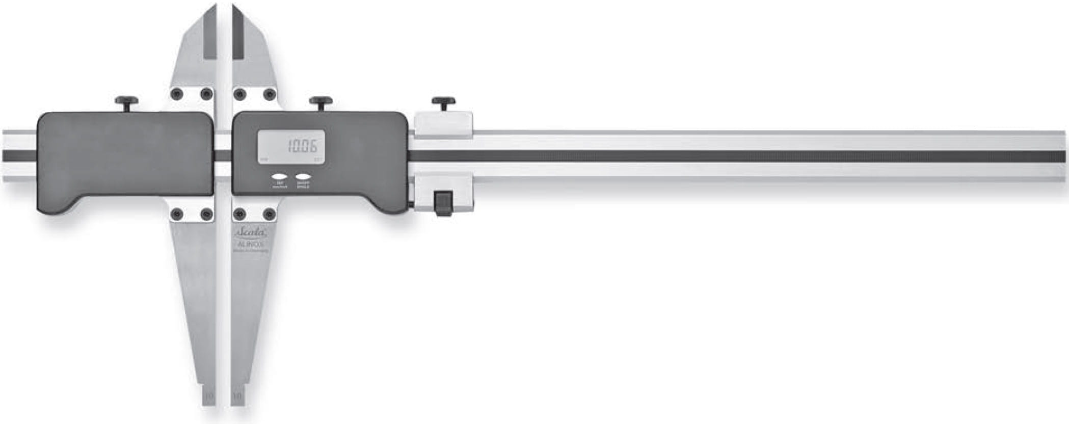 Digitaler Präzisions-Werkstattmessschieber mit Messerspitzen auf weißem Hintergrund. Mit Schnäbel und Messerspitzen. Mit Digitalanzeige und Feineinstellung.  Alinox Combi Duo von Scala.