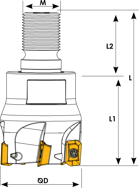 Technische Zeichnung eines Einschraubfräsers. Schwarze Linien auf weißem Hintergrund. Die Wendeplatten sind in Gelb angezeigt. Mit Größenangaben.