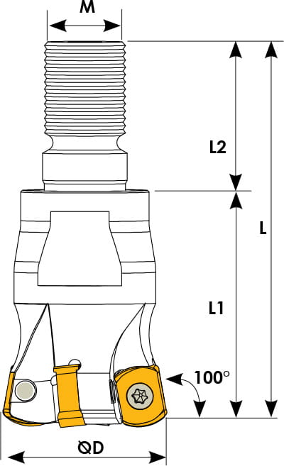 Technische Zeichnung eines Einschraubfräsers. Schwarze Linien auf weißem Hintergrund. Die Wendeplatten sind in Gelb angezeigt. Mit Größenangaben.