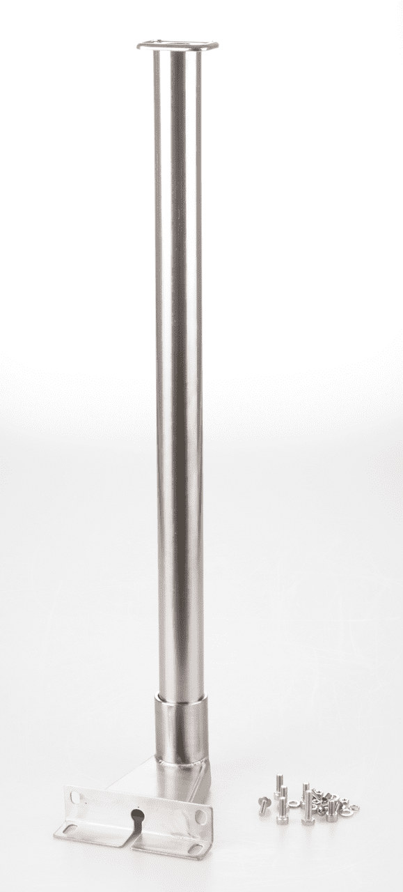 Silbernes Rohr auf weißem Hintergrund. Auf der Unter- und Oberseite sidn Platten angebracht zum anbringen an einer Waage und einer Digitalanzeige. Daneben liegen einige Schrauben.