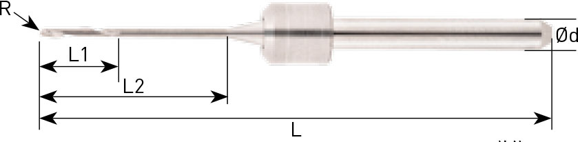 Seitenansicht eines Schaftfräsers auf weißem Hintergrund. Neben dem Fräser sind Linien und Buchstaben für die Größenangabe gezeichnet.