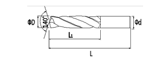 Technische Zeichnung einer seitlich liegenden Bohrspitze. Schwarze Linien auf weißem Hintergrund. Mit Größenangaben.
