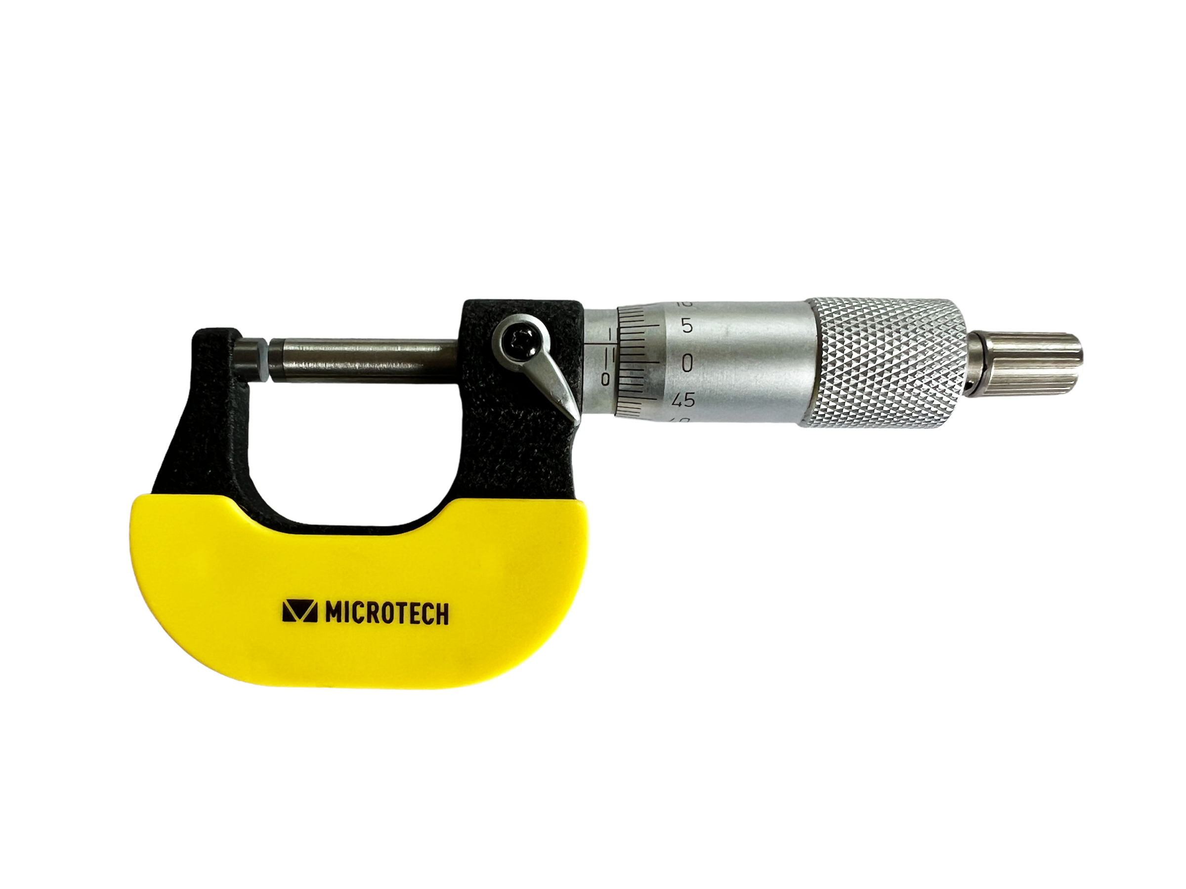 Messschraube auf durchsichtigem Hintergrund. AUf der Vorderseite steht das Logo des Herstellers Microtech Metrology.