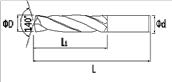 Technische Zeichnung einer seitlich liegenden Bohrspitze. Schwarze Linien auf weißem Hintergrund. Mit Größenangaben.