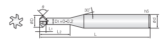 Technische Zeichnung eines T-Winkelschneiders# von COGO. Schwarze Linien auf weißem Hintergrund. Links ist eine Vorderansicht abgebildet, Rechts eine Seitenansicht. Neben der Zeichnung sind Größenangaben angegeben.