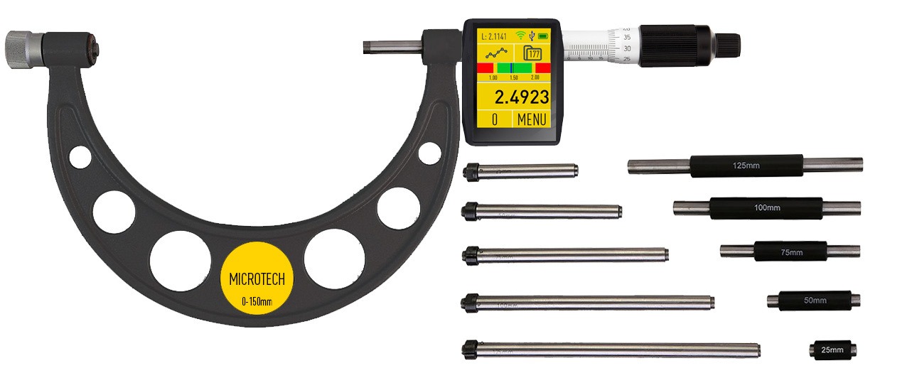 150mm Messschraube, 0,001mm Auflösung, ISO17025 kalibriert, Touchscreen, Wireless/USB, 5 Ambosse inkl., Microtech Metrology
