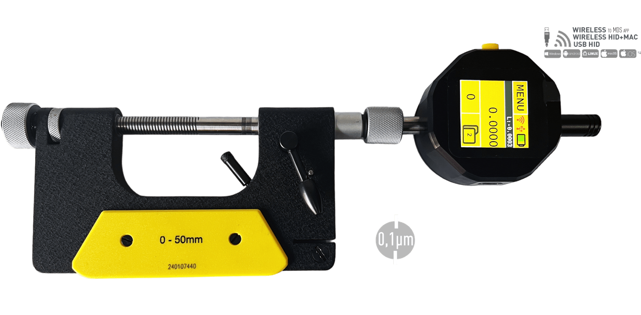 0-50mm Bügelmessschraube, 0,001mm Auflösung, ISO 17025 kalibriert, Wireless+USB, Ø8mm Messflächen, Microtech Metrology