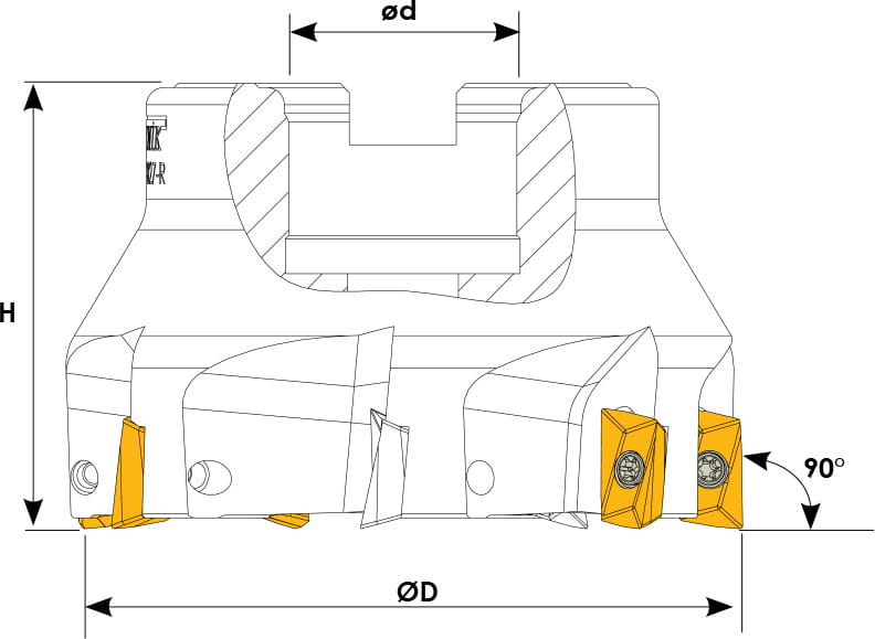 Technische Zeichnung eines Eckmesserkopfes. Schwarze Linien auf weißem Hintergrund. Die Wendeplatten sind in Gelb angezeigt. Mit Größenangaben.