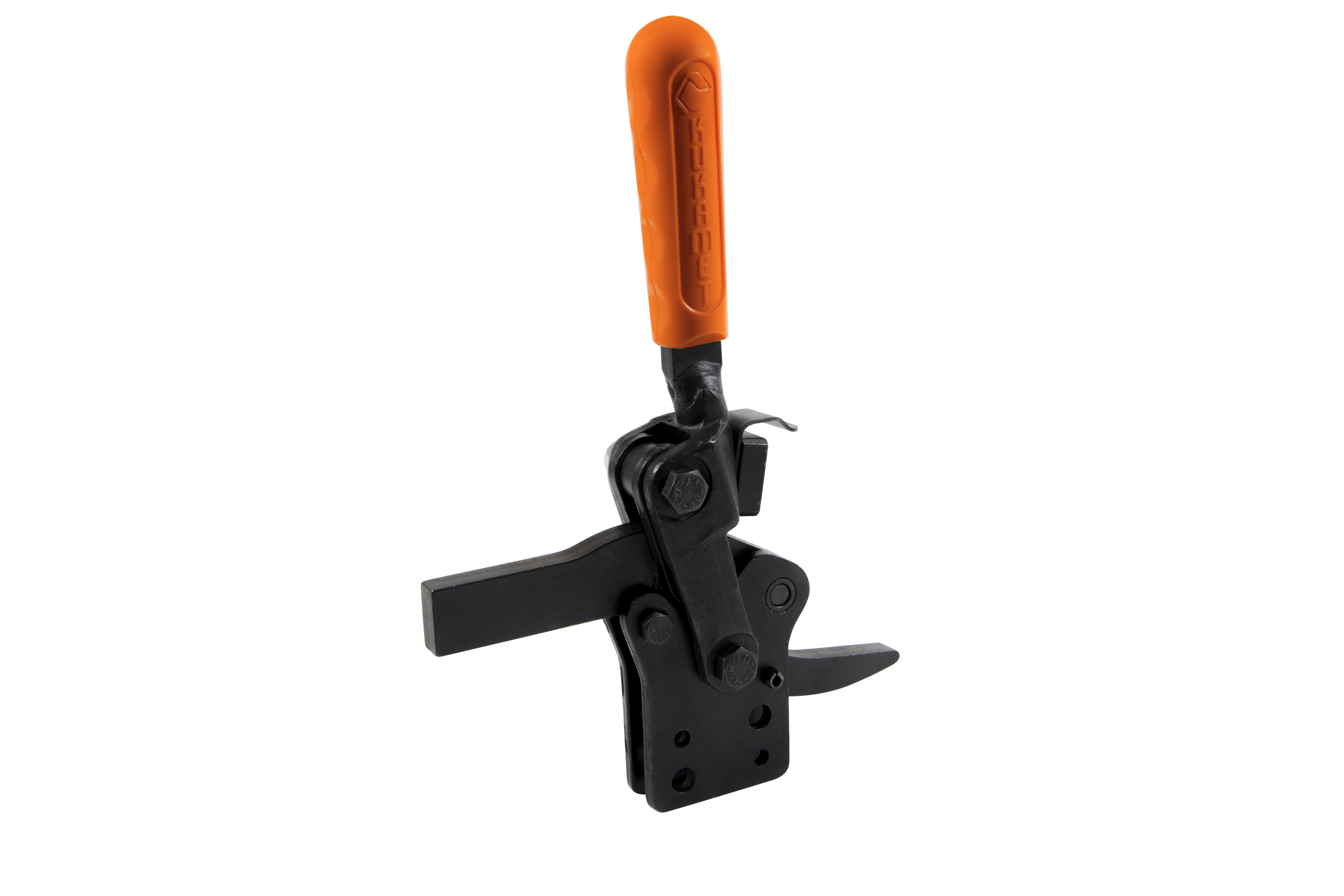Schwarzer Vertikalspanner auf weißem Hintergrund. Der Griff ist mit rotem Kunststoff bekleidet. Der Fuß ist senkrecht und der Arm massiv. Dieses Modell hat eine Sicherheitsverriegelung.