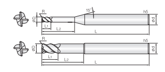 Technische Zeichnung von zwei Schaftfräser. Seitenansicht, daneben befindet sich zwei Vorderansichten. Neben den Zeichnungen befinden sich Linien und Buchstaben für die Größenangaben.