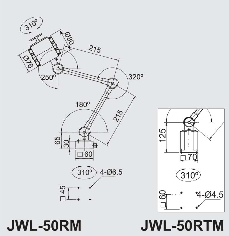 Technische Zeichnung einer LED Lampe. Seitenansicht und Nahaufnahme des Kopf der Lampe. Im unteren Rand steht die Seriennummer der Lampe "JWL-50RM" und "JWL-50RTM".