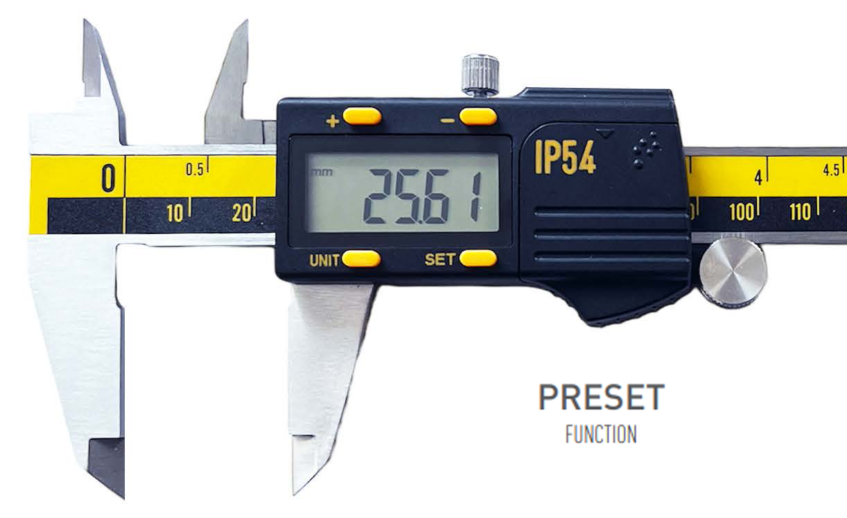 150mm Präzisions-Digitalmessschieber, 0,01mm Auflösung, IP 54, PRESET-Funktion - Microtech Metrology