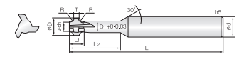 Technische Zeichnung eines Eckenrundungsfräser von COGO. Schwarze Linien auf weißem Hintergrund. Links ist eine Vorderansicht abgebildet, Rechts eine Seitenansicht. Neben der Zeichnung sind Größenangaben angegeben.