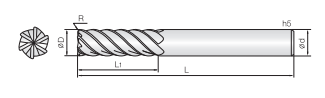 Technische Zeichnung eines Eckradiusfräser von COGO. Schwarze Linien auf weißem Hintergrund. Links ist eine Vorderansicht abgebildet, Rechts eine Seitenansicht. Neben der Zeichnung sind Größenangaben angegeben.