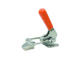 Kukamet Verschlussspanner auf weißem Hintergrund. Mit waagerechtem Fuß. Der Griff steht nach oben und ist von rotem Kunststoff ummantelt.