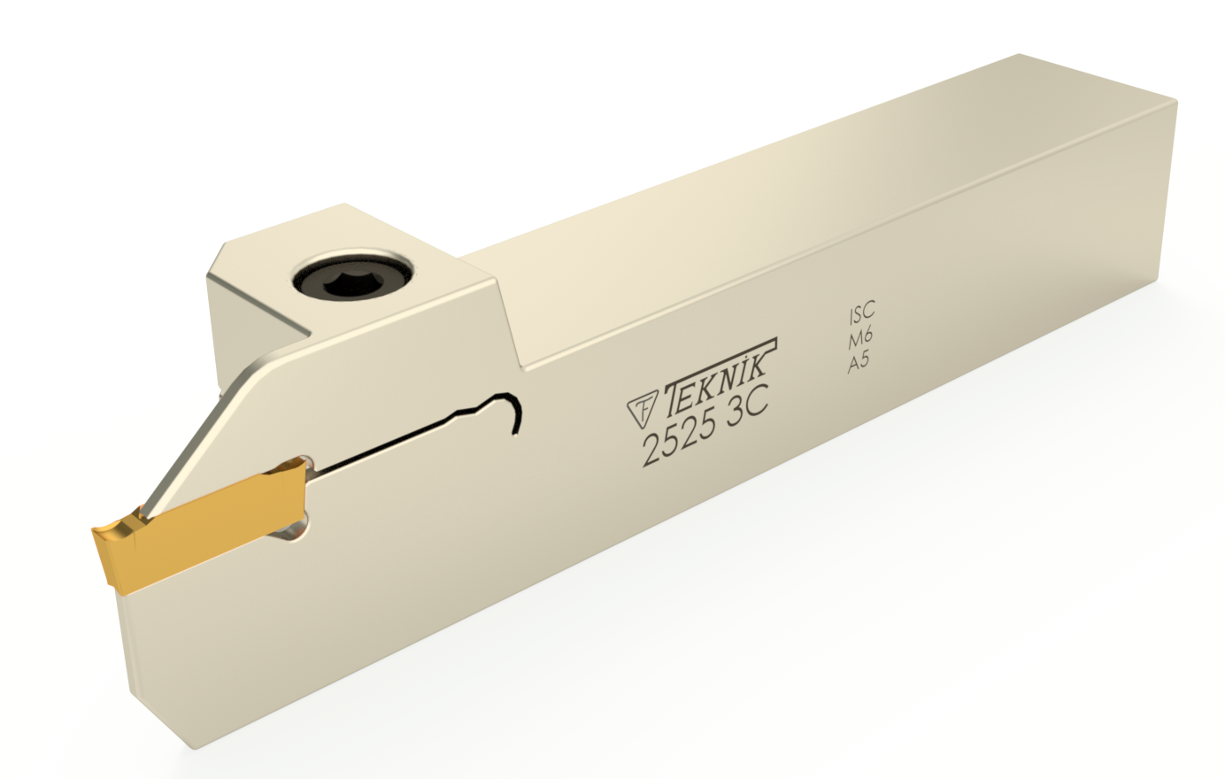 Stech-Klemmhalter auf durchsichtigem Hintergrund. Mit einer Wendeplatte des Typs DGN. Auf der Seite des Werkzeugs befinden sich das Logo des Herstellers und der Artikelcode.