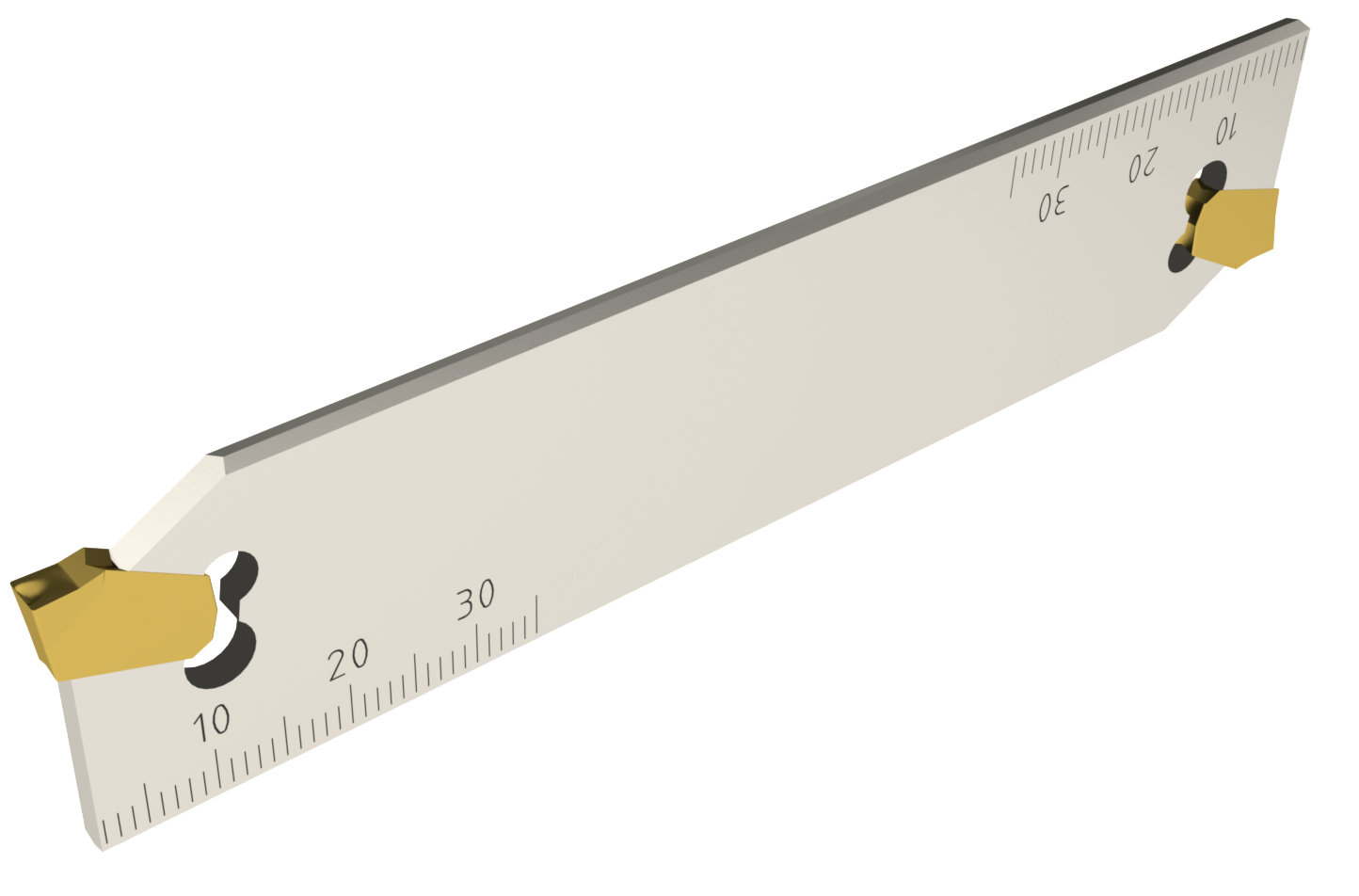 Stechschwert für Stechplatten auf durchsichtigem Hintergrund. In dem Stechschwert sind zwei gelbe Wendeplatten eingelassen. Auf der Oberfläche befinden sich die Zahlen von einem Lineal, um die Distanzen zu messen. Die Zahlen gehen von 10 bis 30.