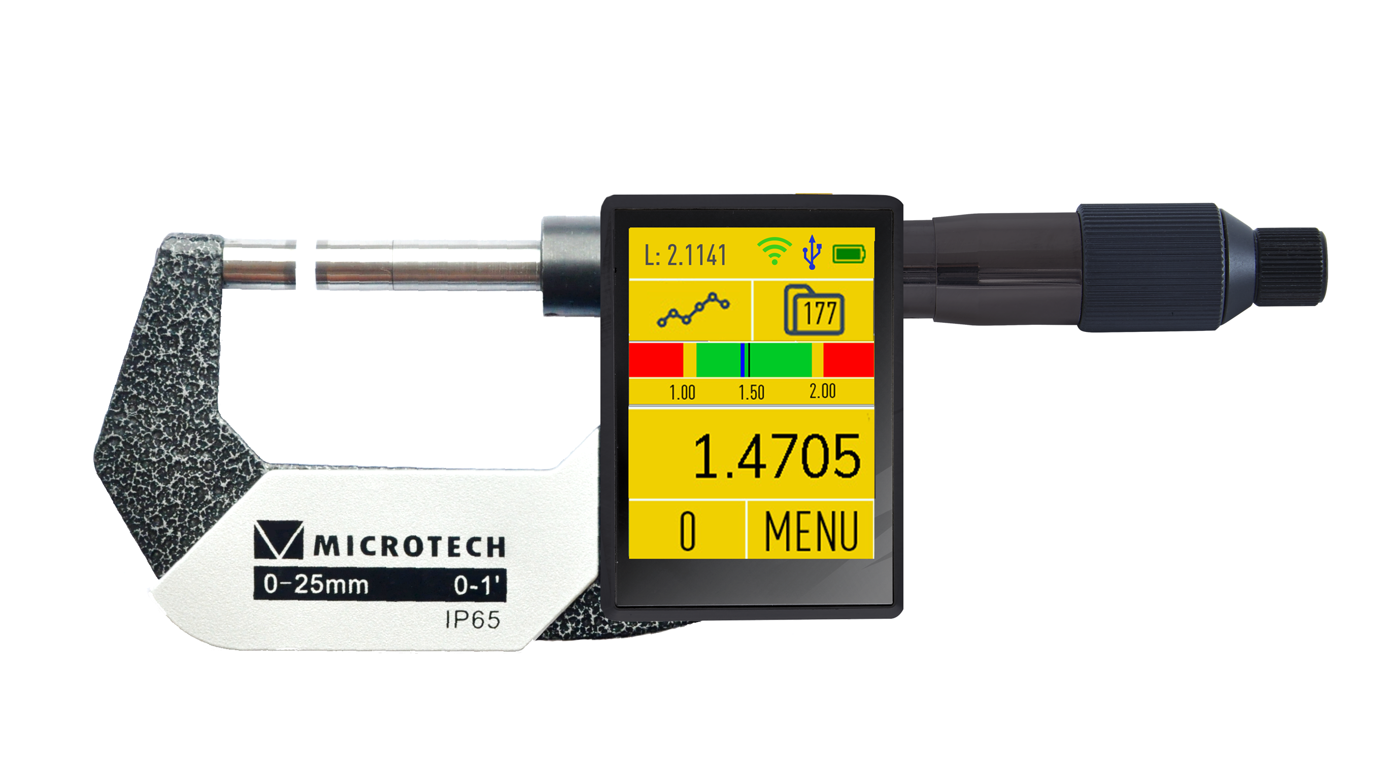 Messschraube auf durchsichtigem Hintergrund. Mit nicht-drehender Spindel und Friktionsratsche. Mit Tablet. Auf der Vorderseite befindet sich das Logo des Herstellers Microtech Metrology.