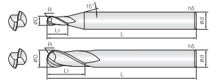 Technische Zeichnung von zwei Kugelfräsern. Seitenansicht, daneben befindet sich zwei Vorderansichten. Neben den Zeichnungen befinden sich Linien und Buchstaben für die Größenangaben.