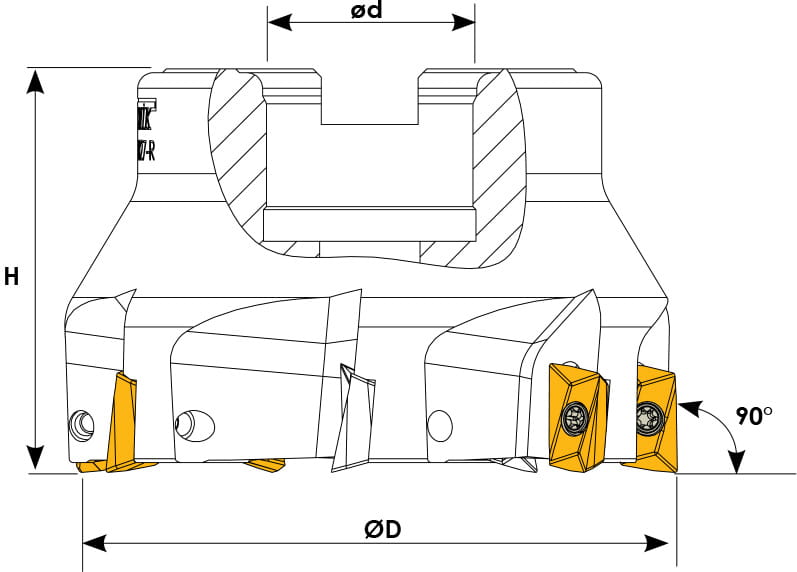 Technische Zeichnung eines Eckmesserkopfes. Schwarze Linien auf weißem Hintergrund. Die Wendeplatten sind in Gelb angezeigt. Mit Größenangaben.