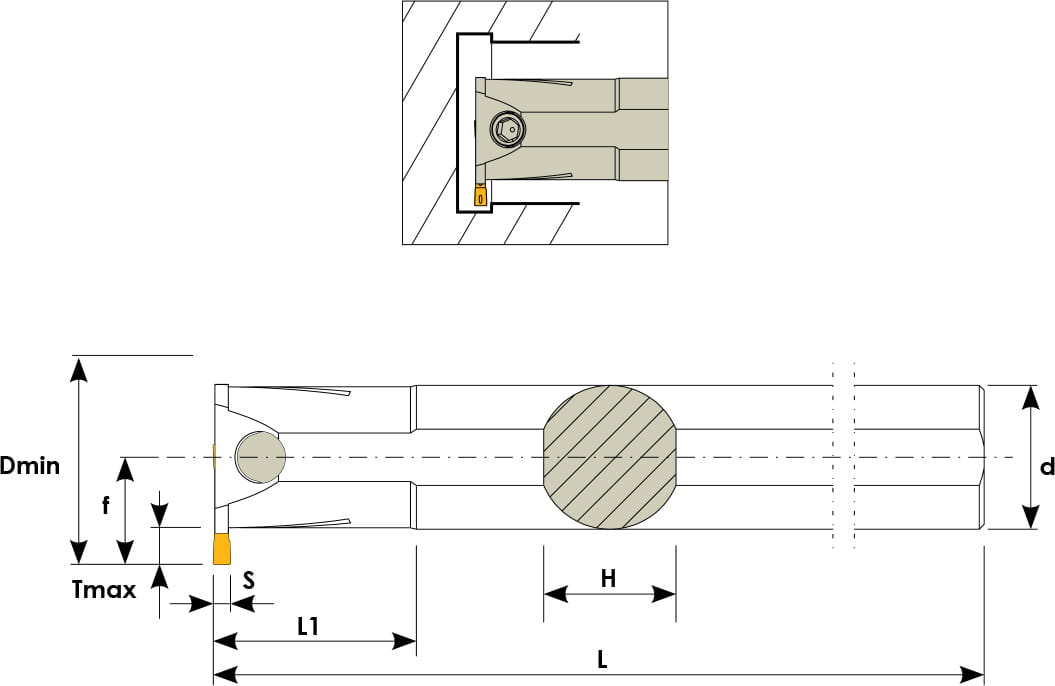 Technische Zeichnung einer Stech-Bohrstange. Schwarze Linien auf weißem Hintergrund. Die Wendeplatte ist in Gelb angezeigt. Mit Größenangaben. Unten befindet sich eine Seitenansicht, Oben ein Benutzungsbeispiel.