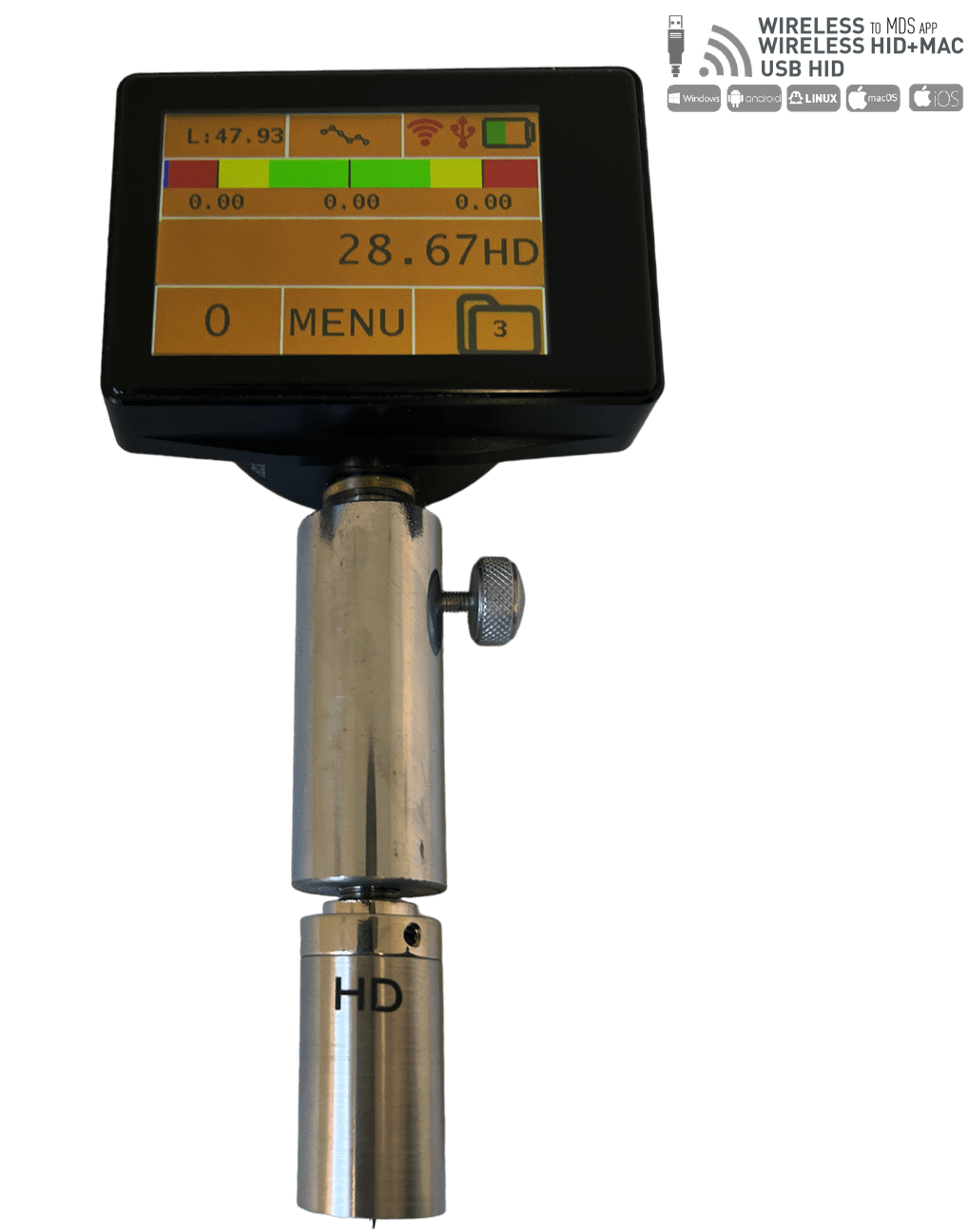 0-100 Shore D Härtemessgerät, 0,01mm Auflösung, ISO 17025 Kalibrierschein, Wireless/USB, 1,4mm Spitze, 44,45N Kraft - Microtech Metrology