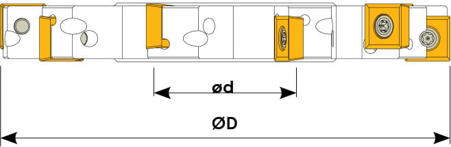 Technische Zeichnung eines Scheibenfräsers. Schwarze Linien auf weißem Hintergrund. Die Wendeplatten sind in Gelb angezeigt. Mit Größenangaben. 