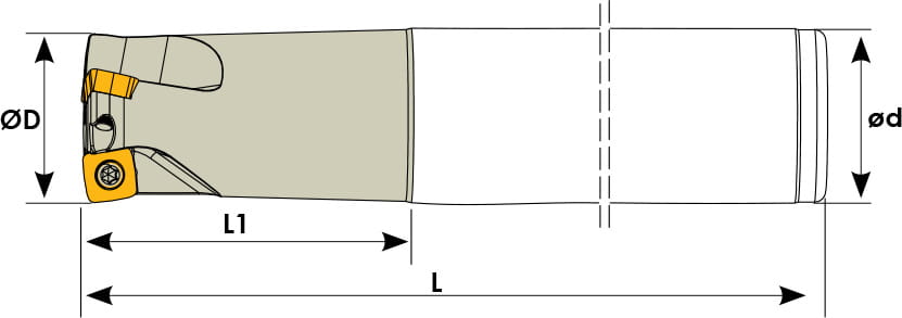 Technische Zeichnung eines Schaftfräsers. Schwarze Linien auf weißem Hintergrund. Die Wendeplatten sind in Gelb angezeigt. Mit Größenangaben.