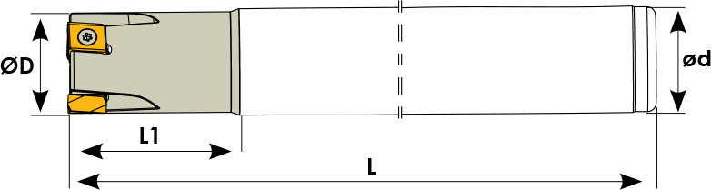 Technische Zeichnung eines Schaftfräsers. Schwarze Linien auf weißem Hintergrund. Die Wendeplatten sind in Gelb angezeigt. Mit Größenangaben.