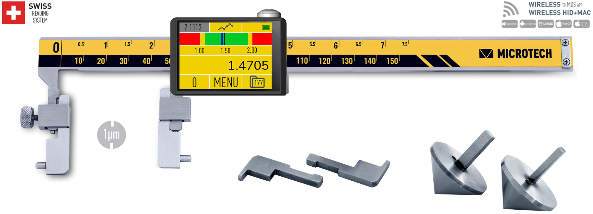 150mm Digitaler Universal-Messschieber, 0,001mm, IP 54, Force Control, Color Touchscreen, Wireless+USB, kalibriert nach ISO 17025 - Microtech Metrology