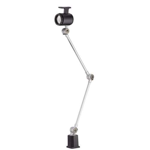 LED Lampe auf weißem Hintergrund. Die Lampe besteht aus einem schwarzen Fuß, zwei Stäbe und die Lampe.