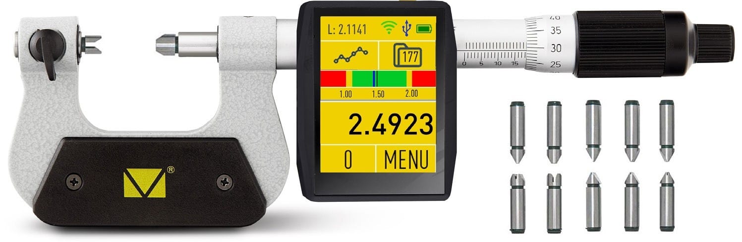 350–375mm Digital Messschraube, 0,009mm Genauigkeit, Color 2.4" Touchscreen, ISO 17025 kalibriert, Whitworth 55, 10x Amboss – Microtech Metrology