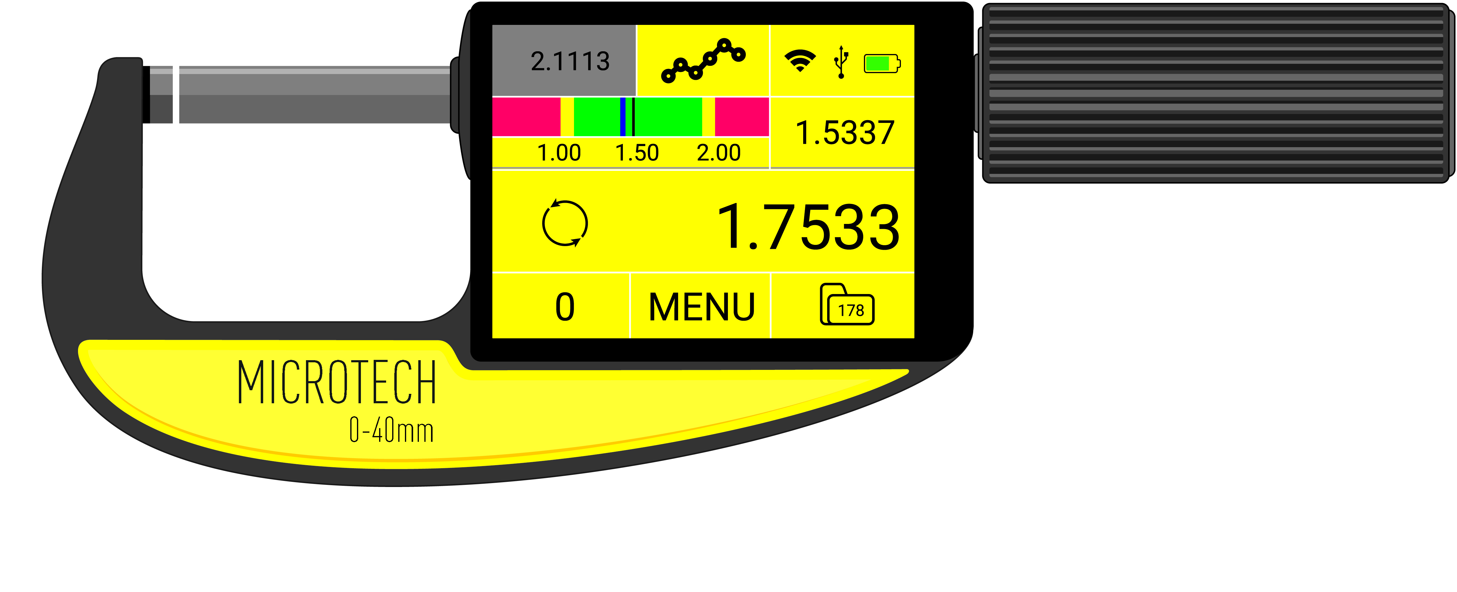 Messschraube auf weißem Hintergrund. Mit nicht-drehender Spindel und Mikrocomputer. Das Logo des Herstellers Microtech Metrology befindet sich auf der Vorderseite.