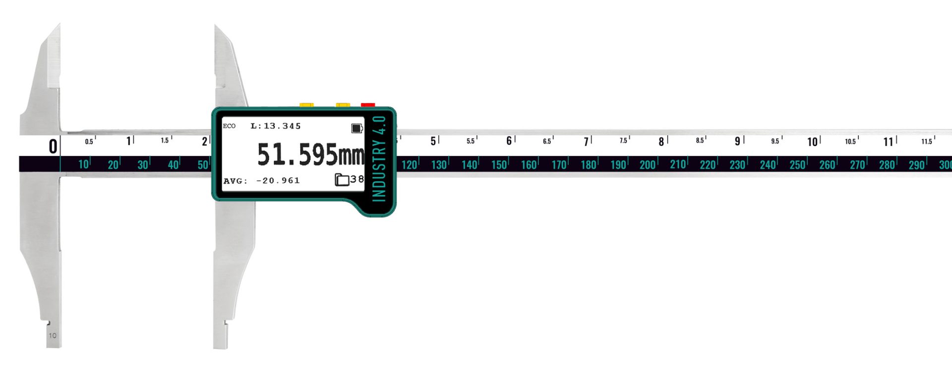 0-300mm Präzisionsmessschieber, 0,015mm, E‑Ink Display, Wireless+USB, IP54, Kraftregelung 1–20N, ISO 17025 Kalibrierung - Microtech Metrology