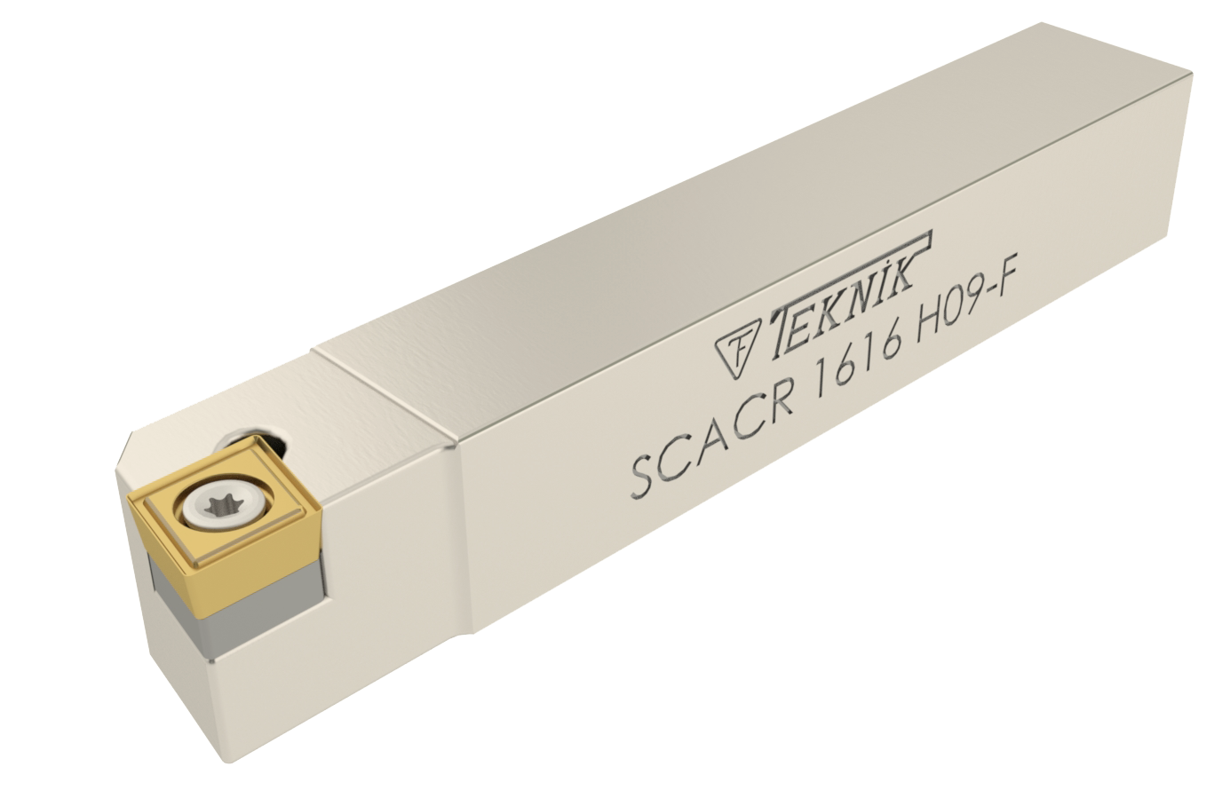 Klemmhalter SCAC auf durchsichtigem Hintergrund. Mit einer Wendeplatte des Typs CCMT. Auf der Seite des Werkzeugs befinden sich das Logo des Herstellers und der Artikelcode.
