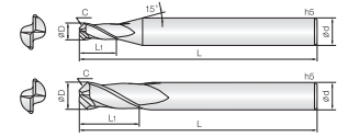 Technische Zeichnung von zwei Eckschaftfräsern. Seitenansicht, daneben befindet sich zwei Vorderansichten. Neben den Zeichnungen befinden sich Linien und Buchstaben für die Größenangaben.