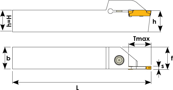 Technische Zeichnung eines Stech-Klemmhalters. Schwarze Linien auf weißem Hintergrund. Die Wendeplatten sind in Gelb angezeigt. Mit Größenangaben. Oben befindet sich die Seitenansicht, unten die Oberansicht.
