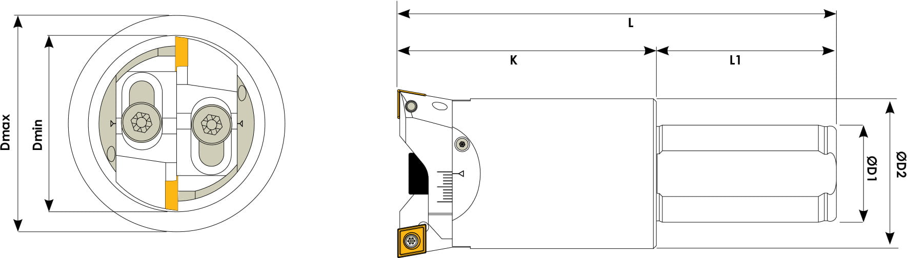 Technische Zeichnung eines Ausbohrwerkzeugs. Schwarze Linien auf weißem Hintergrund. Die Wendeplatten sind in Gelb angezeigt. Mit Größenangaben. Links befindet sich eine Vorderansicht, Rechts eine Seitenansicht.