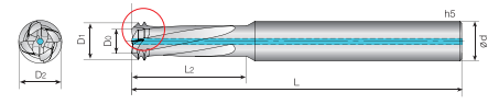 Technische Zeichnung eines Gewindefräsers auf weißem Hintergrund. Seitenansicht mit Größenangaben. Daneben ist eine Frontalansicht. 