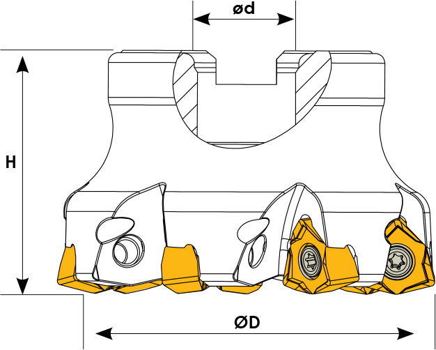 Technische Zeichnung eines Planmesserkopfes. Schwarze Linien auf weißem Hintergrund. Die Wendeplatten sind in Gelb angezeigt. Mit Größenangaben.