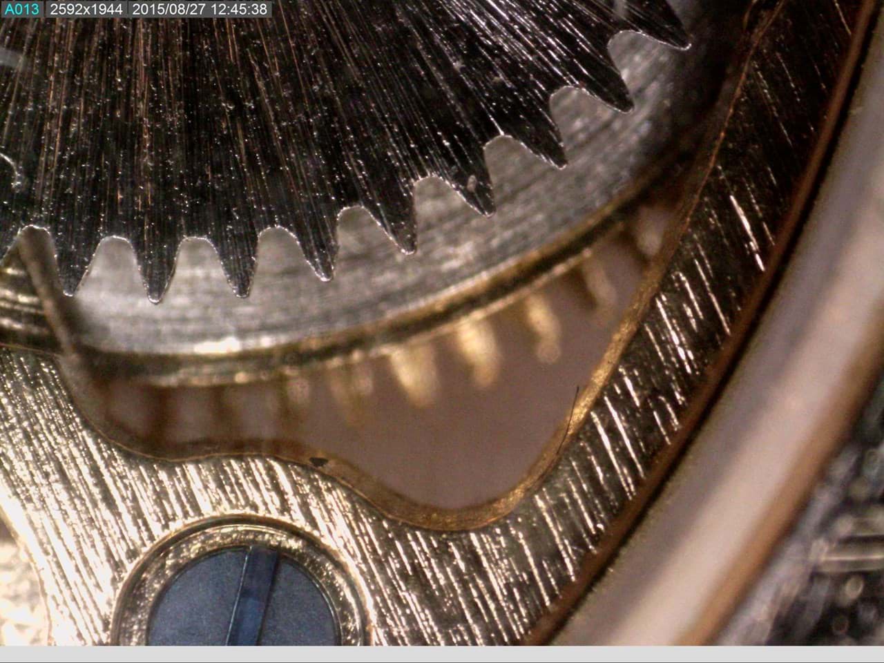 Zahnrad unter dem Mikroskop. Wahrscheinlich das Innere einer Armbanduhr. Ein Beispiel was man mit einem Dino-Lite Mikroskop machen kann.