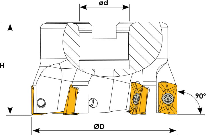 Technische Zeichnung eines Eckmesserkopfes. Schwarze Linien auf weißem Hintergrund. Die Wendeplatten sind in Gelb angezeigt. Mit Größenangaben.