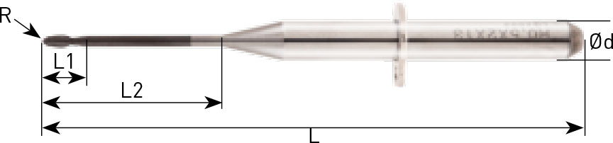 Seitenansicht eines Schaftfräsers auf weißem Hintergrund. Neben dem Fräser sind Linien und Buchstaben für die Größenangabe gezeichnet.