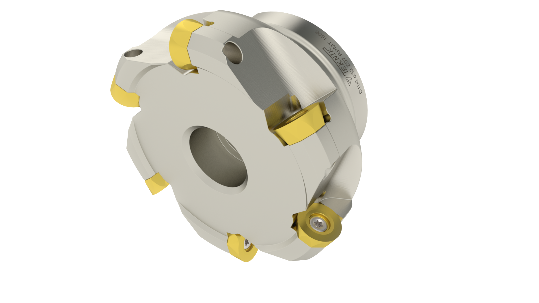 Rundplattenfräser auf durchsichtigem Hintergrund. Mit sechs Wendeplatten des Typs RPMW. Auf der Aufnahme des Werkzeugs befinden sich das Logo des Herstellers Teknik Makina und der Artikelcode.