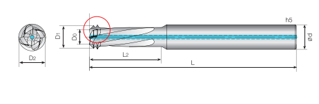 Technische Zeichnung eines Gewindefräsers auf weißem Hintergrund. Seitenansicht mit Größenangaben. Daneben ist eine Frontalansicht. 